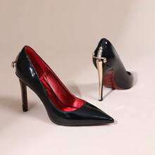 2026 Women's Premium Patent Leather High Heels, 10cm Metal Scepter Stiletto, R Style Pointed Toe, Comfortable Genuine Leather, Red Printed Sole, Luxury Single Shoes For Formal & Casual Events - màu đen - Xem 3