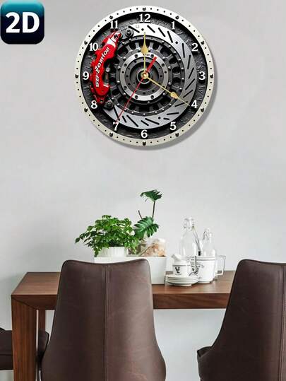 1个赛车合金轮毂设计圆形壁钟，印花木质，直径10-12英寸，壁挂式，红黑配色，电池供电（不含电池） - 独特的家居厨房装饰，适合汽车爱好者、汽车主题装饰、客厅时钟