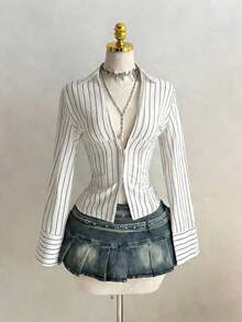 1pc Black V-Neck Striped Collar Slim Fit Button-Up Long Sleeve Sexy Blouse For Commute & Daily Wear, Winter - 白色 - 查看 6