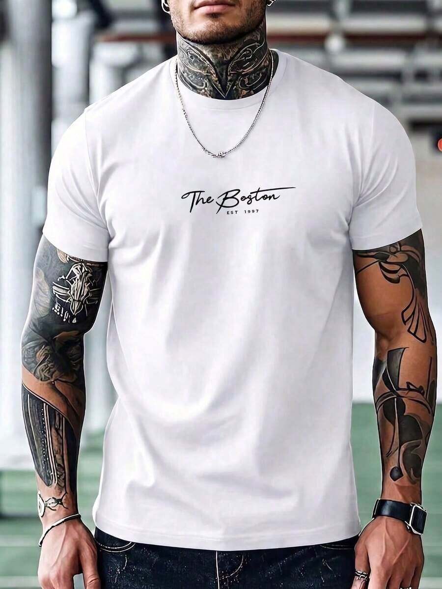 Camiseta de manga corta de verano casual con estampado de eslogan para hombres - Blanco - Ver 1