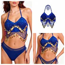 Bộ gồm 1 áo bra cổ yếm thủ công đính sequin và dây buộc tua rua, kết hợp với chân váy kiểu saree đính sequin. Hoàn hảo cho múa bụng, lễ hội, tiệc tùng, đi biển, phong cách boho và retro. - Nhiều màu - Xem 3