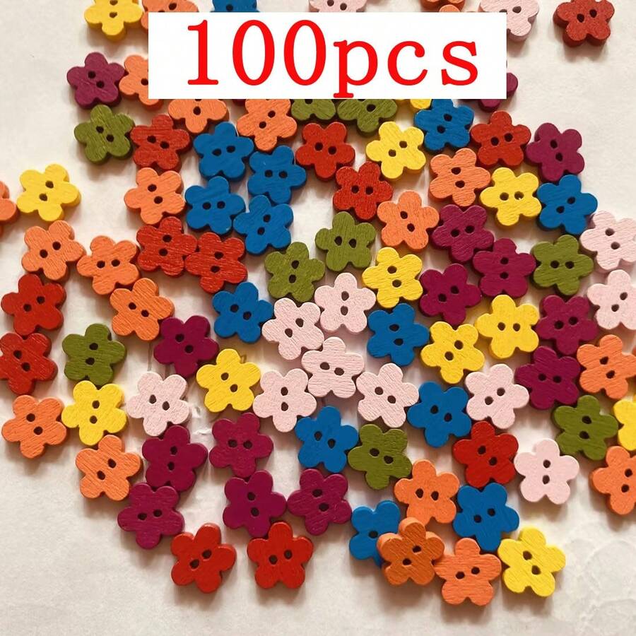 100 szt. małych kolorowych drewnianych guzików w kształcie kwiatów, 11 mm, 2 otwory, mieszane kolory, drewniane guziki do szycia, rękodzieła, odzieży, swetrów, scrapbookingu i projektów rękodzielniczych - 100 szt. kolorowych kwiatów - Zobacz 1