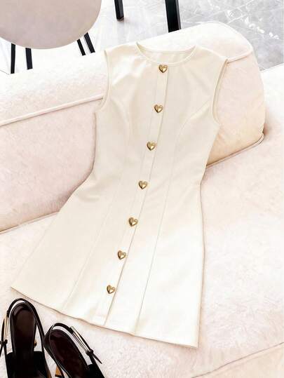 女士纯色无袖A字迷你连衣裙，心形纽扣前襟设计，后拉链，优雅休闲圆领短裙，适合办公室、海滩、度假和日常穿着（春、夏、秋季）