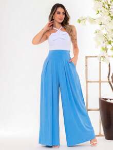 Wide-Leg, Loose-Fitting Palazzo Pants In Viscose/Lycra Knit Fabric With A Wide Waistband And High Waist And Pleats. - Baby Blue - View 7