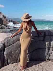 Vestido de punto largo con escote pronunciado elegante para mujer, vestido de verano, conjunto de vacaciones para mujer, vestido de playa, conjunto de vacaciones para mujer, vestido de playa, vestido caqui, vestido de lentejuelas, vestido con estampado de estrellas de mar y caballitos de mar - Camel - Ver 4