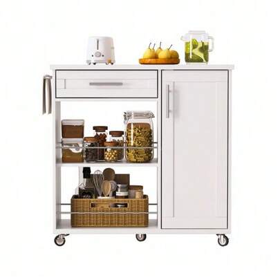 Kitchen Trolley With Wood-Effect Countertop, Rolling Kitchen Trolley With Drawer, Cabinet And Open Shelves, Mobile Kitchen Island With Towel Rack And Braked Wheels, 90x62x90 Cm, Sonoma Oak