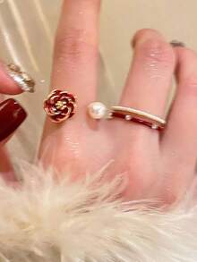 1 pieza Anillo de mujer de estilo francés con flor de camelia negra, diseño de lujo de alta gama - Dorado - Ver 3