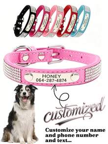 Personalized Dog Collar With ID Tag And Leash Set Including Rhinestone Dog Collar, Suitable For Large, Medium, And Small Dogs. Custom Engraved Pet Collar With Your Pet's Name And Related Information To Prevent Them From Getting Lost. - Pink - Collar Only - View 2