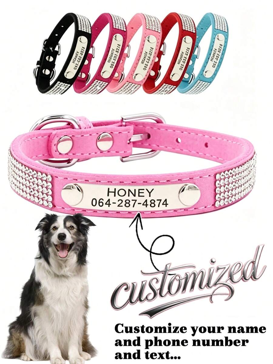 Personalized Dog Collar With ID Tag And Leash Set Including Rhinestone Dog Collar, Suitable For Large, Medium, And Small Dogs. Custom Engraved Pet Collar With Your Pet's Name And Related Information To Prevent Them From Getting Lost.