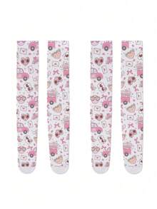 半双装 360°爱心印花过膝袜，甜美少女风，高弹亲肤冰丝面料，日系洛丽塔/JK风格，修身剪裁，适合春夏、日常穿着、动漫展、甜美酷炫穿搭、通勤，Y2K复古风 - 白色 - 查看 5