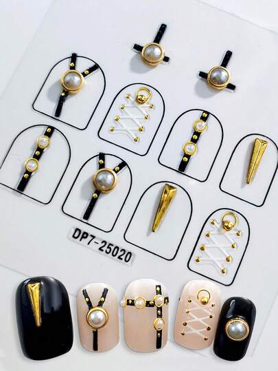 1 Set Black & Gold Punk Style Nail Stickers, 3D Pearl Rivet Decals, Waterproof Long-Lasting Nail Art Decorations, Removable Nail Accessories