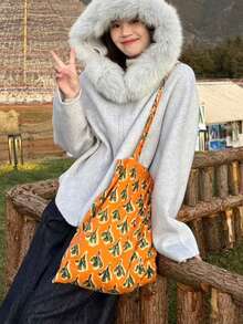 Korean Indie Design INS Style Traditional Batik Printed Tote Bag, Yellow Floral Print, Minimalist Fashion Commute Daily Shopping Versatile Shoulder Bag - Orange - View 3