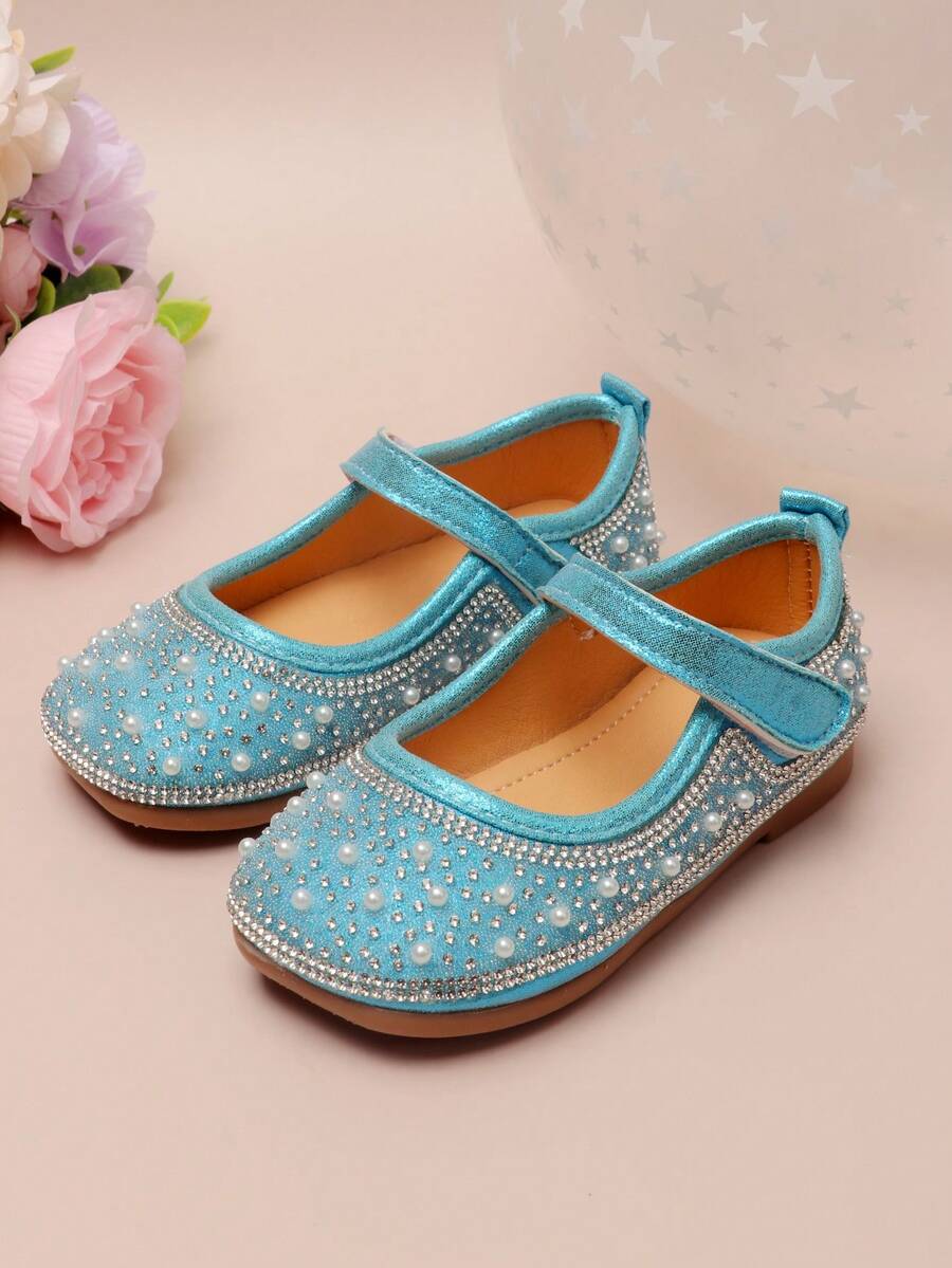 1 Pair Baby Rhinestone Flat Slip-On Shoes, Fashion Versatile Hook & Loop Shallow Square Toe Princess Shoes For Girls - Baby Blue - View 1