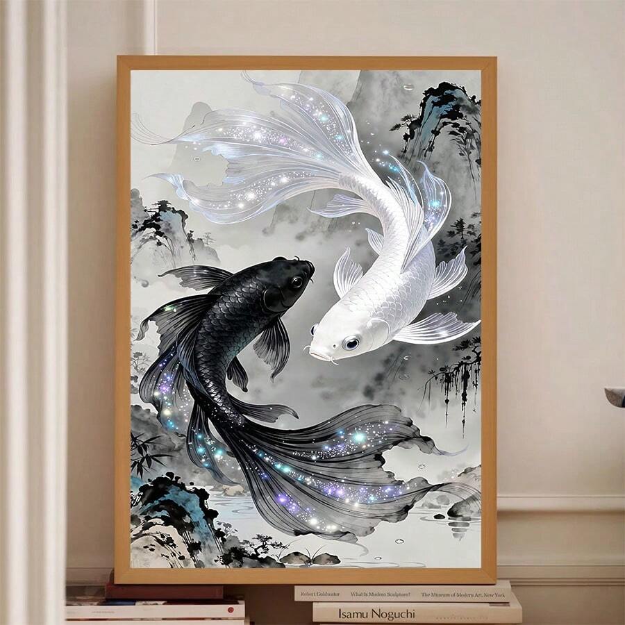 1件/套 幸运黑白锦鲤帆布海报，中国水墨画，点缀星光，风水美学家居装饰，东方风格墙饰，现代家居装饰，帆布油画，不含画框