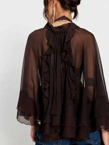Y2K Gothic Sheer Chiffon Blouse, Tiered Ruffle Flare Long Sleeve Tie Neck Crop Top, Dark Feminine Summer Tops for Women Going Out Festival - marrón rojizo - Ver 2