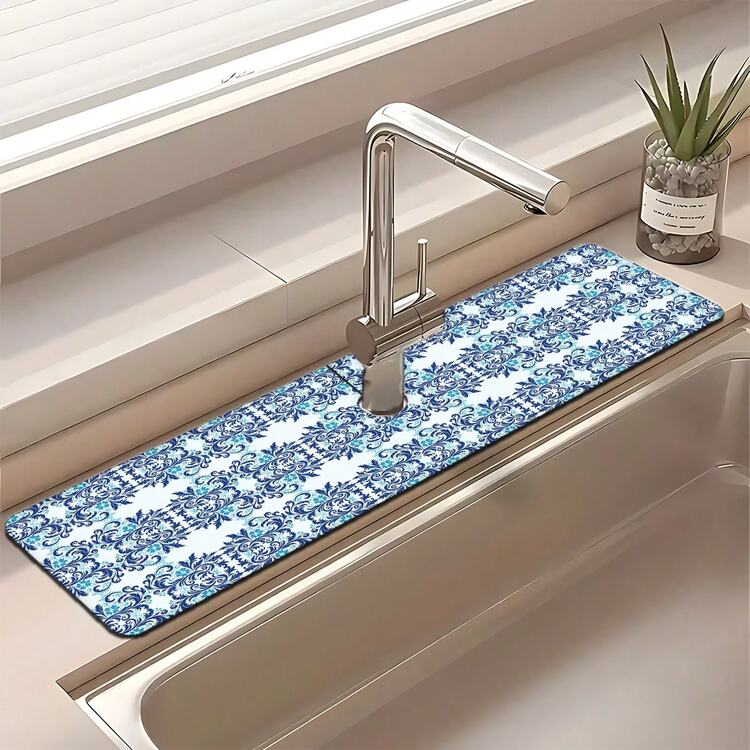 1pc Blue & White Patterned Faucet Cover, Polyester, Quick Drying, Easy Cleaning, Suitable For Kitchen And Bathroom, Easy Installation, Daily Decor, Gift, Bathroom Mat, Faucet Cover, Faucet Accessory - Multicolor - View 5