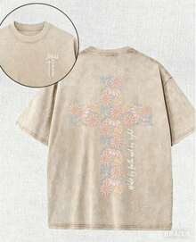 Summer Tops2026Christian Washed T-Shirt, Jesus, Faith, Floral Cross Pattern T-Shirt "Walk By Faith Not By Sight","Jesus Is Coming Soon", Religious Ele - 杏色 - 查看 6