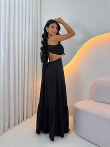 Women's Floral Long Dress, Loose Fit, Elegant, Lined, Printed - 純黑色 - 查看 2