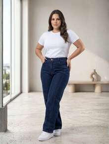 Women's High-Waisted Dark Blue Straight Leg Jeans - Premium Comfort - 深色水洗藍 - 查看 3