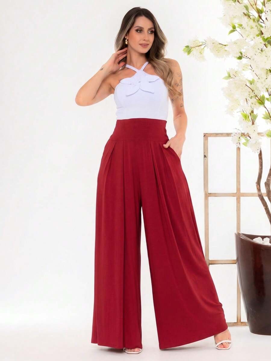 Wide-Leg, Loose-Fitting Palazzo Pants In Viscose/Lycra Knit Fabric With A Wide Waistband And High Waist And Pleats. - Merah ceri - View 1
