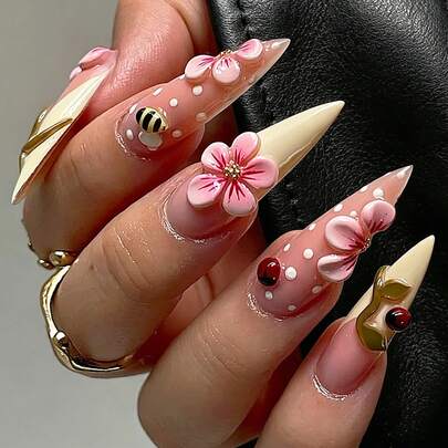 Transform Your Nails With This Set Of 24 Y2K-Inspired, Adorable 3D Pink Floral Polka-Dot, Bee, And Ladybug-Themed Press-On Nail Tips. These Long, Pointed Tips Are Perfect For Summer Vacations, Dates, Birthday Parties, And Girls' Nights Out.