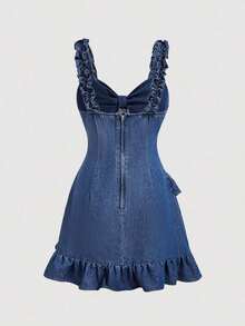 Vestido vaquero para mujer, tirantes con volantes y gran lazo en el pecho.Diseño ajustado con falda de volantes asimétrica en capas.Estilo dulce y juvenil, ideal para uso diario y salidas casuales. - Azul lavado medio - Ver 6