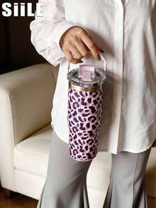 1pc 900ml-30oz Sweet Leopard Print Stainless Steel Double Wall Insulated Tumbler, Flat Bottom Cup, Coffee Mug, Car Cup, Cup, Water Bottle, Outdoor Water Cup, Tea Cup, Vacuum Bottle, With Straw Lid Design, Suitable For Outdoor, Office, Home, School, Car, Gym, Travel, Birthday Gift, Holiday Gift, Anniversary, Mother's Day, Father's Day, Back To School, Valentine's Day - Multicolor - View 6