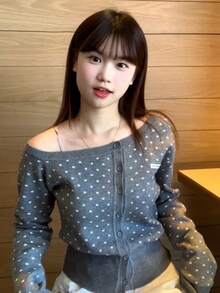 Y6Y 2025 新款波点不对称露肩针织开衫，修身显瘦，露肩长袖上衣，初秋 - 灰色 - 查看 6