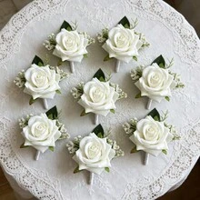 1件/6件装白色玫瑰胸花，配满天星，仿丝花胸针，适合新郎、伴郎、婚礼、晚宴、周年纪念、返校节和秋季乡村风格活动 - 白色 - 查看 5
