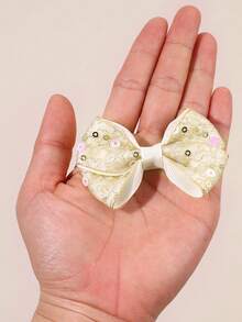 2 piezas Lazos para el cabello de niña con bordado dorado y beige en tul, accesorios de moda con decoración de lentejuelas, pinzas de cocodrilo y pasadores para el cabello, para uso diario, fiestas y cumpleaños - Multicolor - Ver 3