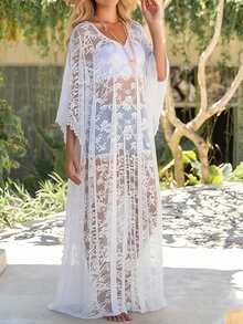 Vestido Kaftan Largo de Encaje Floral para Mujer, Cuello en V y Manga Murciélago, Holgado y Fluido para Playa en Verano - Blanco - Ver 3