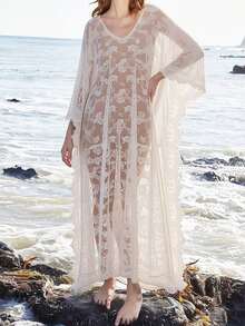 Vestido Kaftan Largo de Encaje Floral para Mujer, Cuello en V y Manga Murciélago, Holgado y Fluido para Playa en Verano - Blanco - Ver 4