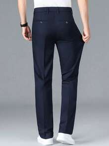 Men's Lightweight Elastic Casual Pants, Straight Regular Fit Business Trousers For Wedding, Work, Travel, Suitable For Summer - Navy Blue - View 4