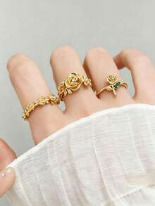 Set de 3 anillos abiertos con flor de rosa vintage de lujo incrustados con rhinestones, joyería elegante y minimalista versátil para mujer, adecuada para uso diario, fiestas y banquetes - Amarillo Oro - Ver 10