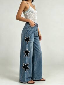 Women's Jeans With Pockets Stylish Mid Rise Casual Star Patch Wide Leg Denim Pants - Blue - View 4