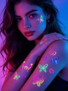 8pcs Dreamlike Colorful Butterfly & Floral Temporary Tattoo Stickers, Waterproof & Long-Lasting, Fresh Gradient Girl Style, Sweet & Romantic Atmosphere, Unisex For Wrist, Cheek Decoration, Mixed Designs With Fluorescent Effect - Multicolor - View 3