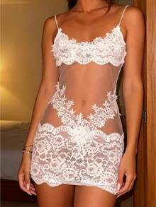 Women's Lace Lingerie Set Slim Fit Sheer See Through Spaghetti Strap Mini Bodycon Dress With Thong 2 Pcs Set - trắng - Xem 1