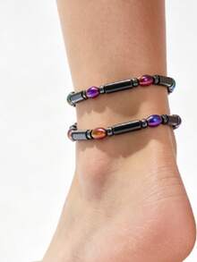 2pcs/Set Gelang Kaki Batu Hematit Magnetik Pria, Set Gelang Kaki Manik-Manik Warna-warni, Gelang Kaki Gaya Bohemian yang Dapat Diatur, Cocok untuk Pantai, Pemakaian Sehari-hari, Yoga, Penyembuhan Energi, dan Aksesori Fesyen Sehari-hari - MultiWarna - View 3