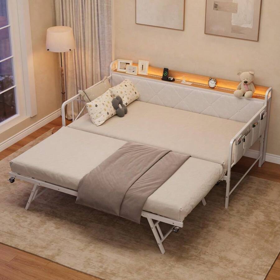Conjunto contemporáneo de cama nido doble con cajón – Cabecero tapizado, luz LED, estación de carga, estructura de metal robusta – Sofá cama ideal para dormitorio, sala de estar, habitación de invitados – Hierro negro con respaldo de lino gris y tablero vintage. - Blanco - Ver 1