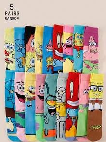 SpongeBob SquarePants 1/5/7/12双随机卡通情侣袜，可爱动漫图案（如眼睛、章鱼、海星等），纯色，舒适透气休闲家居袜 - 彩色 - 查看 9