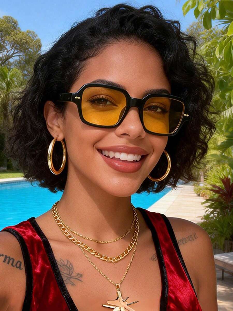 1副方形时尚眼镜，经典复古休闲百搭女士眼镜，适合日常穿搭、街头风、度假、海滩、返校季等场合。 - 黃色 - 查看 1