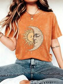 Women's Bohemian Style T-Shirt With Mysterious Moon And Sun Face Pattern Print, Vintage Hippie Style, Short Sleeve Casual Round Neck Top, Perfect Choice For Spring And Summer Women's Fashion 2025 - 橘色 - 查看 4