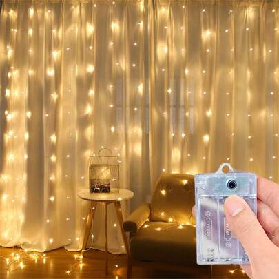 1pc Battery Powered Curtain String Lights, Indoor Hanging Decor Lighting For Christmas, Warm Atmosphere Lighting Suitable For Window Display, Wall, Party, Wedding, Birthday, Holiday, Gathering Background