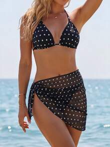 2026 Summer New Black Base White Dot Halter Triangle Cup Bikini Set, Retro Sexy Style Swimsuit With Mesh Wrap Skirt 3-Piece Set, Suitable For Swimming, Hot Spring, Beach, Vacation, Photo Shooting - Black and White - View 3