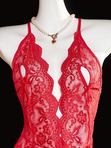 Deep V Lace Backless Bodysuit, Crotchless Open Bra Erotic Lingerie & Underpants, Women's Sexy Clothing - Red - View 4