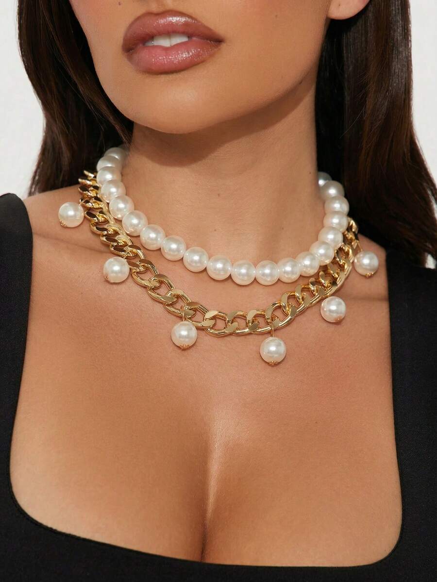 1 Set Of 2pcs Bohemian Vintage Faux Pearl Splice Metal Chunky Chain Necklace, Double Layer Design + Faux Pearl Tassel Choker Necklace, Elegant & Versatile Jewelry For Women - 2 Pearl Chain Necklaces - View 1
