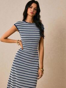 Vestido ajustado de mujer con rayas de moda, de verano - Azul y blanco - Ver 8
