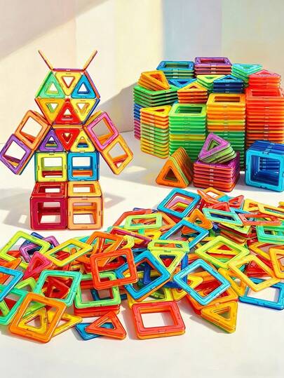 磁性积木 STEM 教育套装，带收纳袋 - 3D 立体搭建，创意学习礼物，包含互锁杆、正方形、三角形和弧形支架 - 男孩女孩生日礼物（颜色随机）