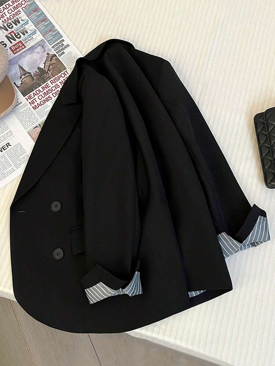 Women's Striped Lining Contrast Color Pocket Double-Breasted Blazer, Suitable For Commuting, Office, Casual Daily Wear - Black - View 1
