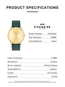Coach Elliot Series Women's Quartz Watch, Gold Tone Case Green Leather Strap Gold Dial - Green - View 4